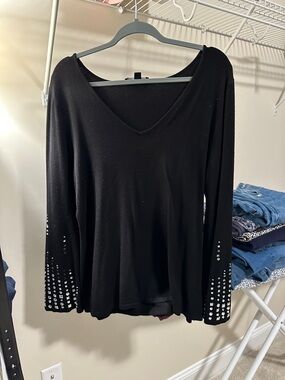 Inc. Black V-Neck Long Sleeve Top with Studded Cuffs